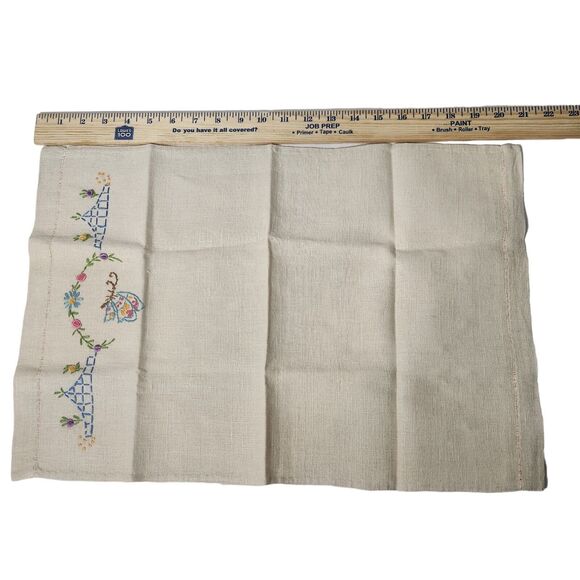 VTG LG LINEN KITCHEN DISH TEA EMBROIDERED TOWEL WITH BUTTERFLY COLORFUL FLOWERS - Picture 2 of 4